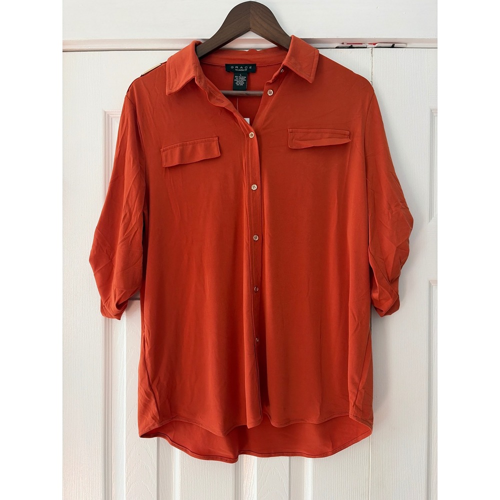 Grace The Perfect Fit Burnt Orange Roll Tab Sleeve Button Up Blouse NWT Size L